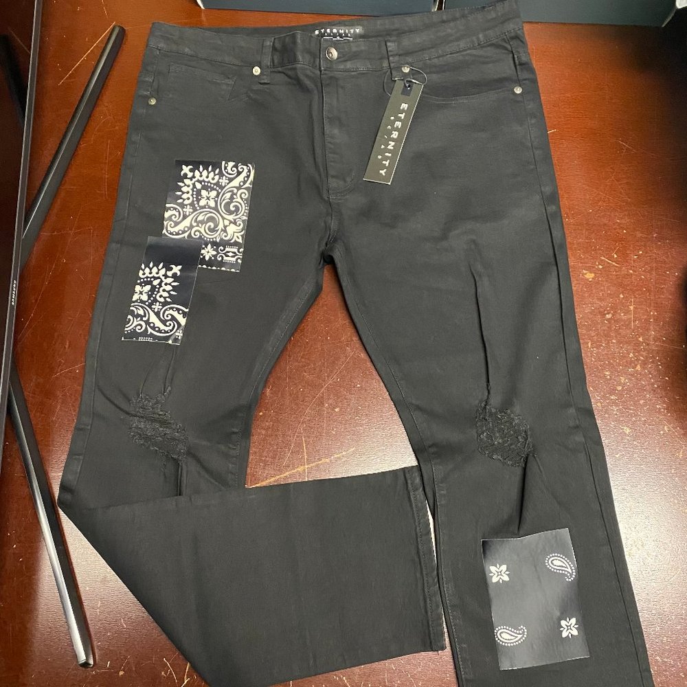 Eternity BC/AD Mens Black Dark Wash Distressed Straight Leg Jeans Size 40X34